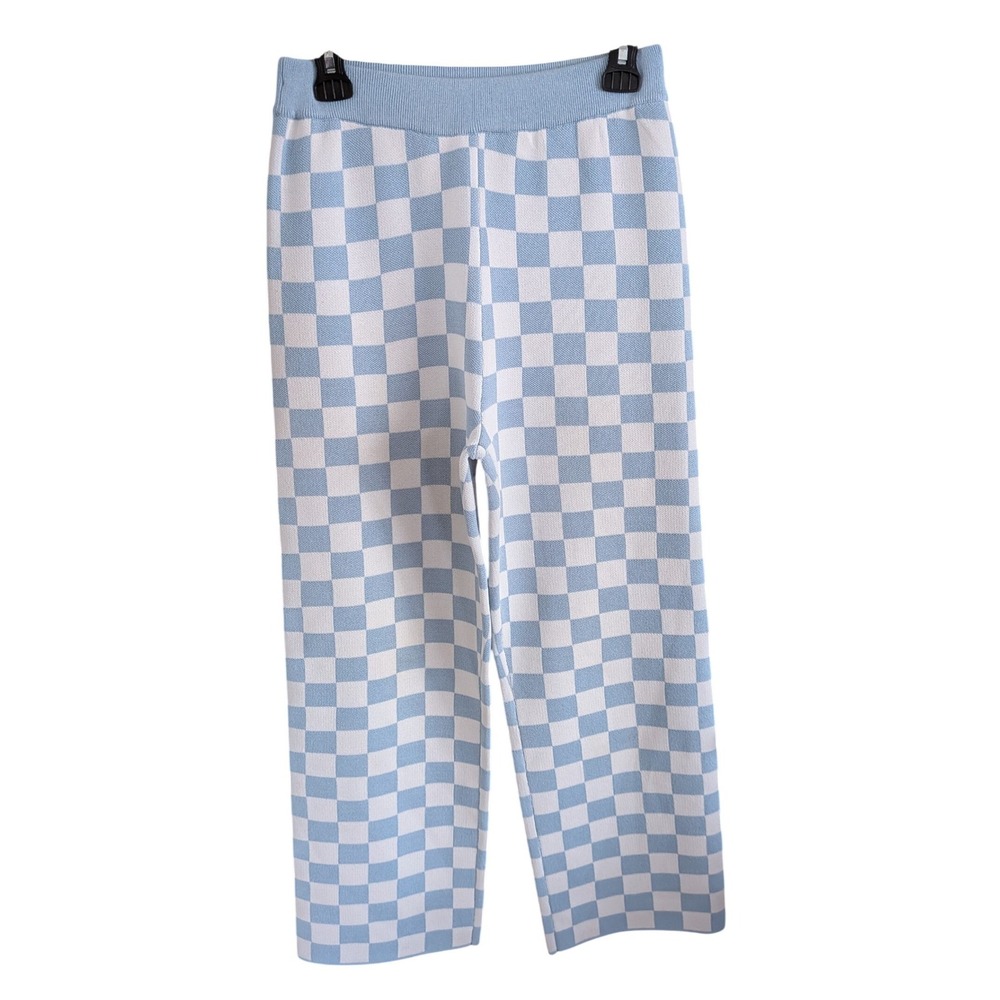 Oak + Fort Blue White Checkered Knit Wide Leg Pants‎ Small